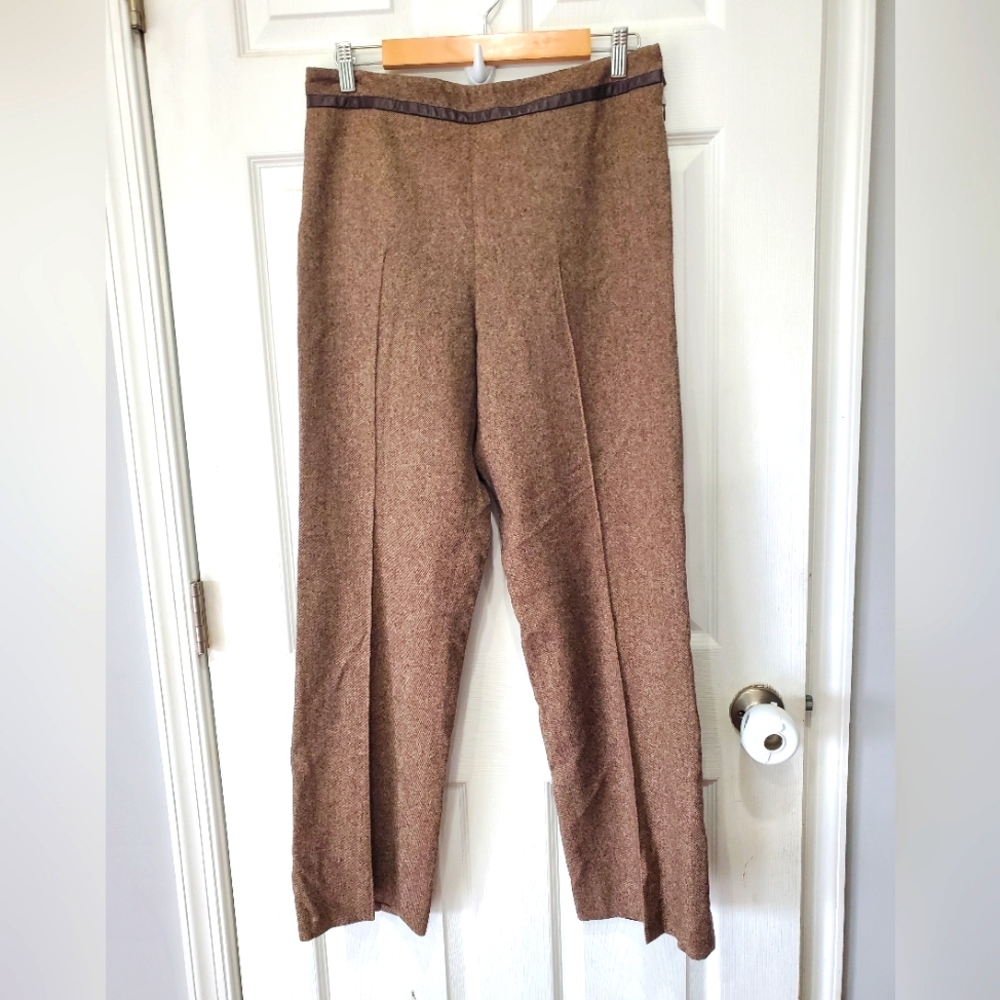 Pendleton Women’s Brown 100% Virgin Wool Pleated Pants 100% Leather Trim Size:10